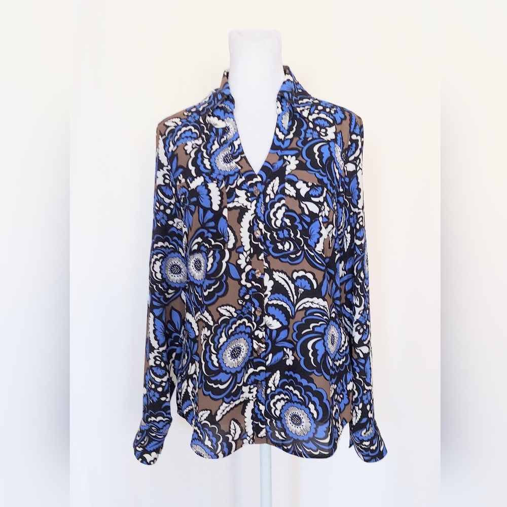 Express Portofino Original Fit Button Down Floral Shirt Blue Brown White Size XS